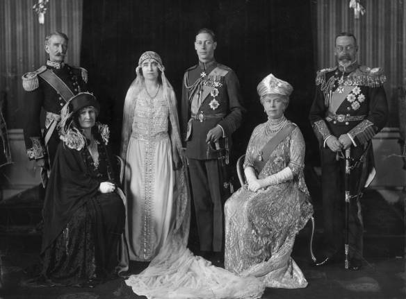 26th April 1923:  King George V of Great Britain (right) and Queen Mary on the wedding day of their son George, later King George VI, to Elizabeth Bowes-Lyon (1900 - 2002). With them are the Earl and Countess of Strathmore (left)